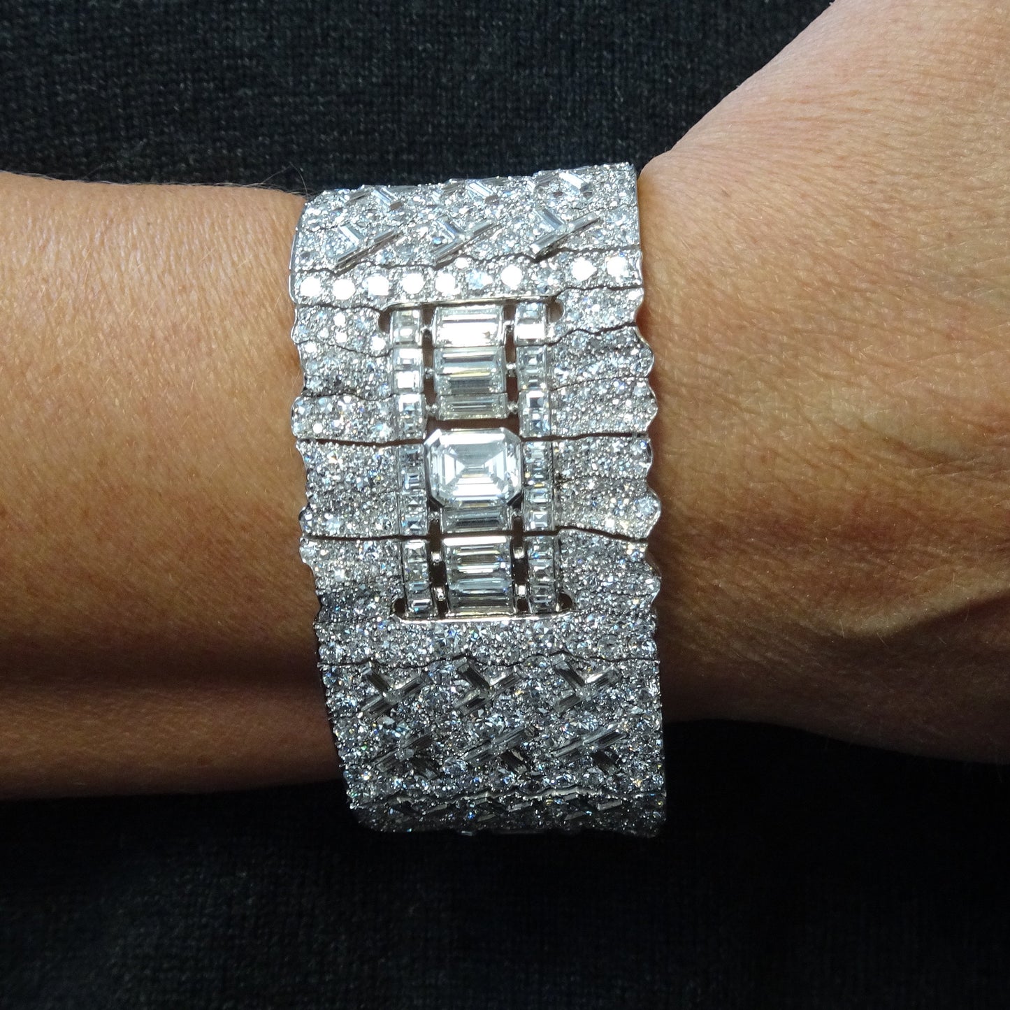 Cartier Paris French Art Deco Platinum Diamond Bracelet worn on wrist