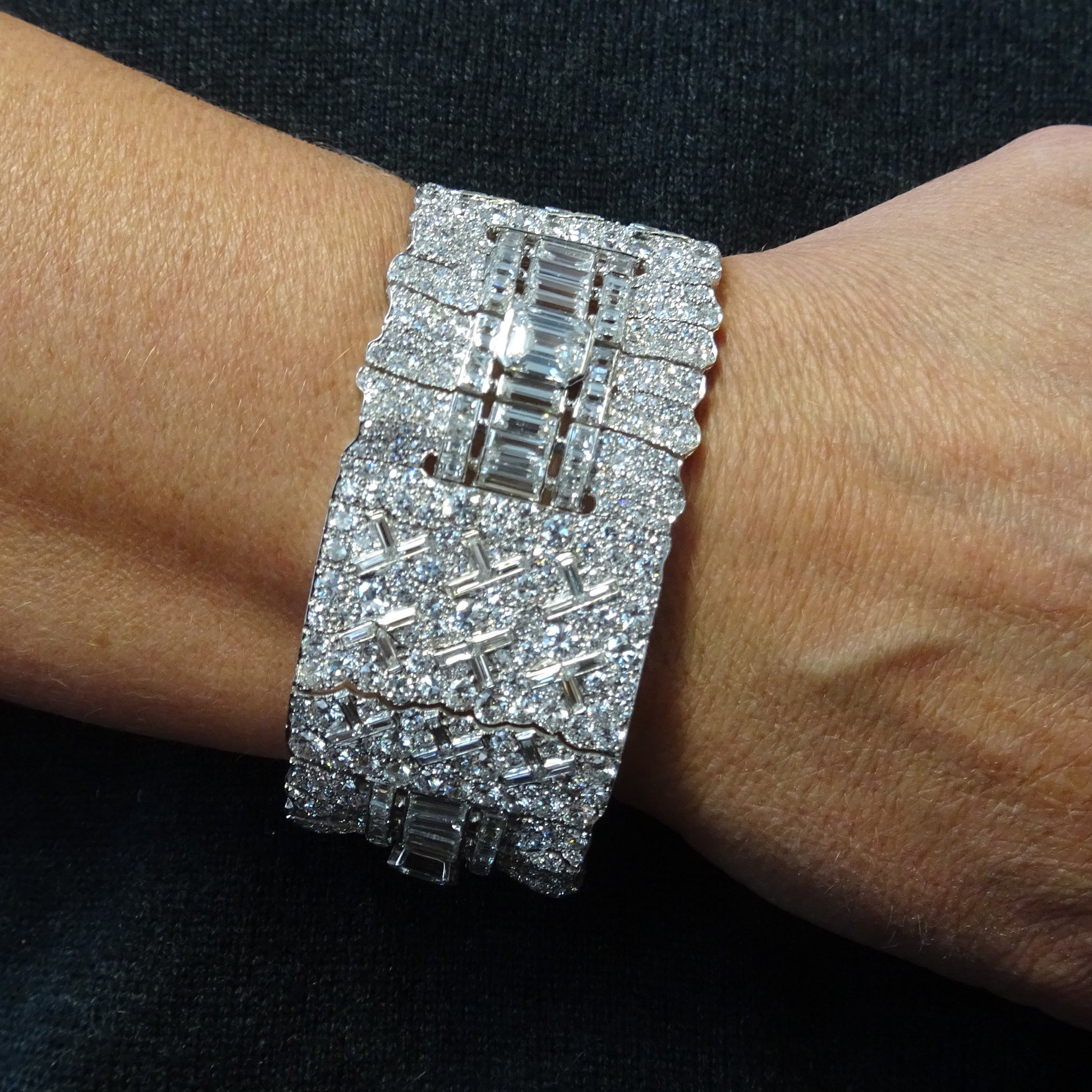 Cartier Paris French Art Deco Platinum Diamond Bracelet worn on wrist