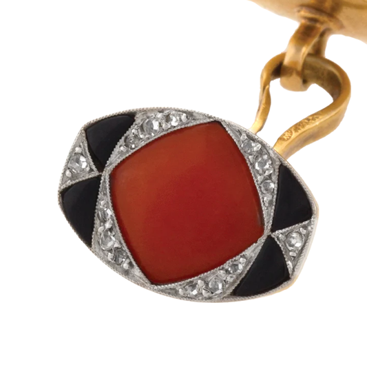 Art Deco French Platinum & Yellow Gold Diamond, Coral & Onyx Cufflinks close-up front view