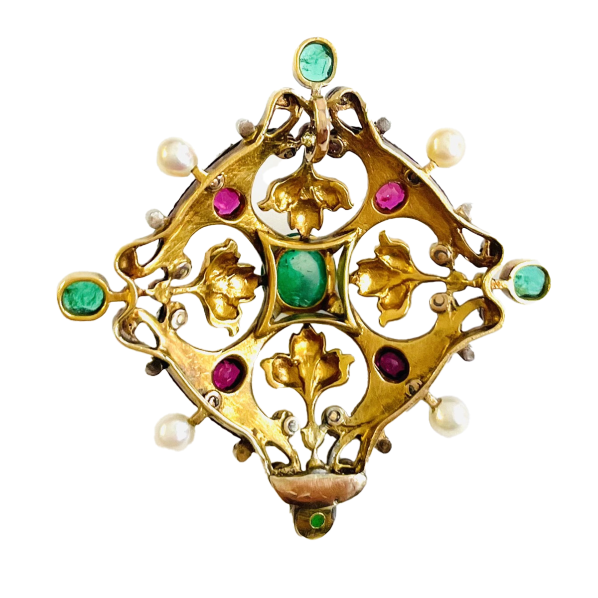 Victorian Silver & 18KT Yellow Gold Emerald, Diamond, Natural Pearl & Ruby Pendant back
