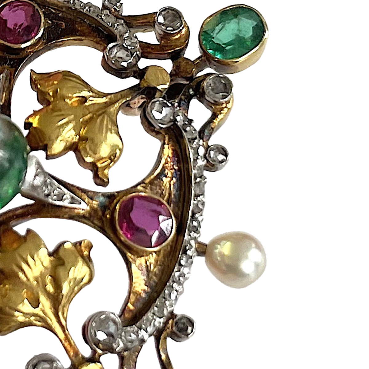 Victorian Silver & 18KT Yellow Gold Emerald, Diamond, Natural Pearl & Ruby Pendant close-up details