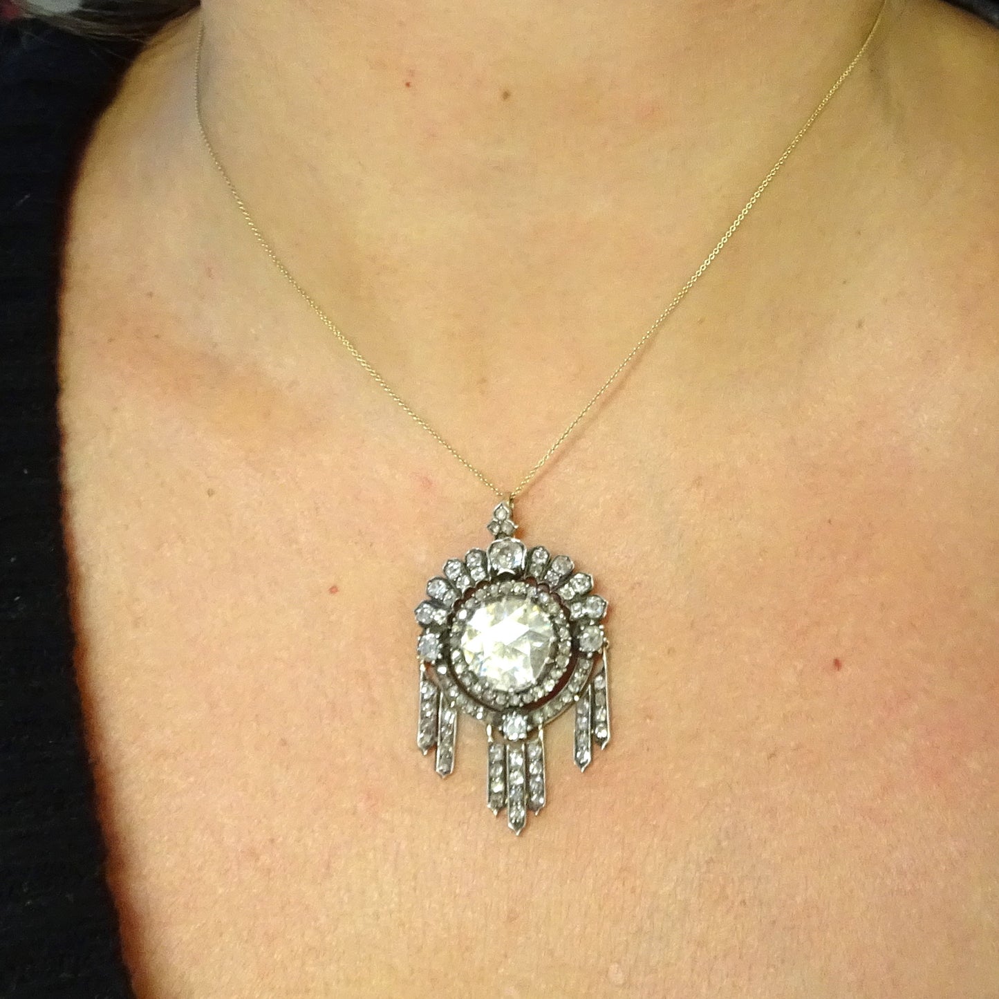 Victorian Silver & 18KT Yellow Gold Diamond Pendant worn on neck