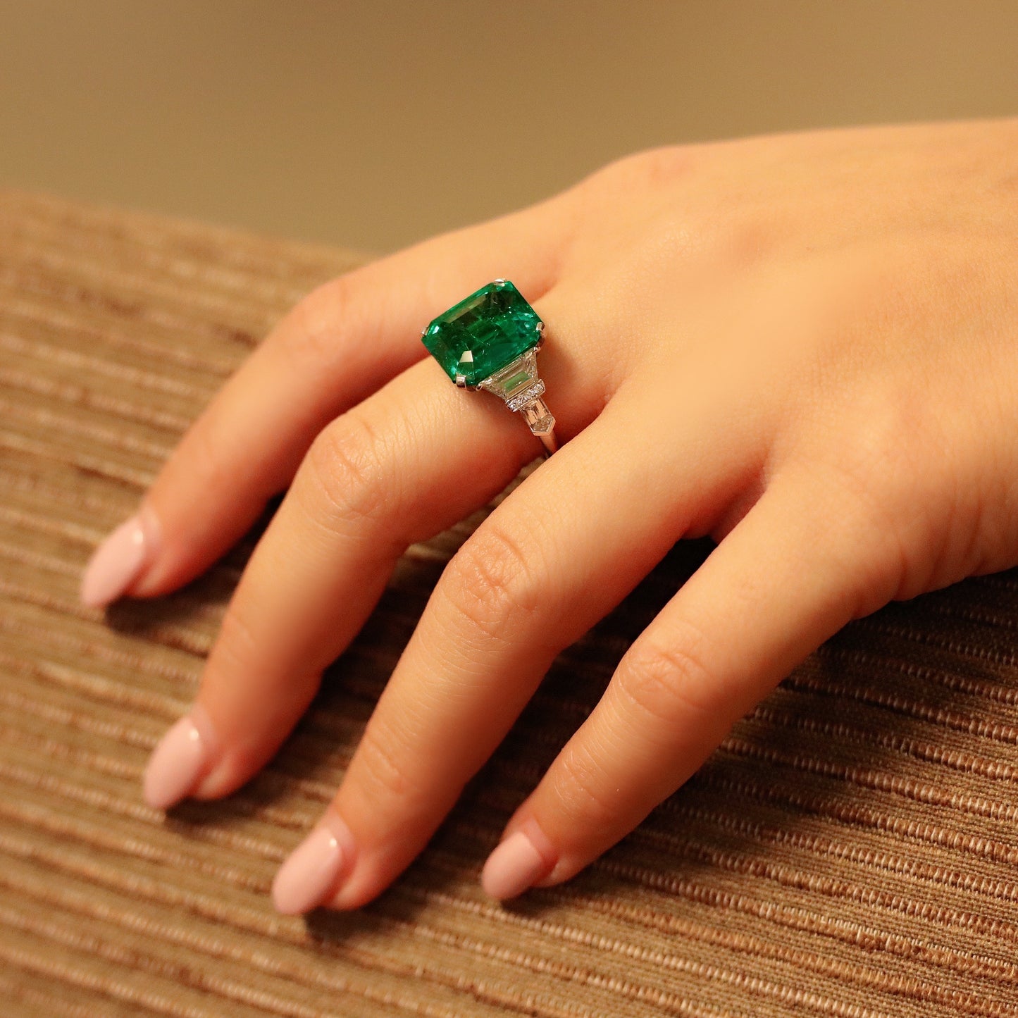 Raymond Yard Post-1980s Platinum Emerald & Diamond Ring worn on hand