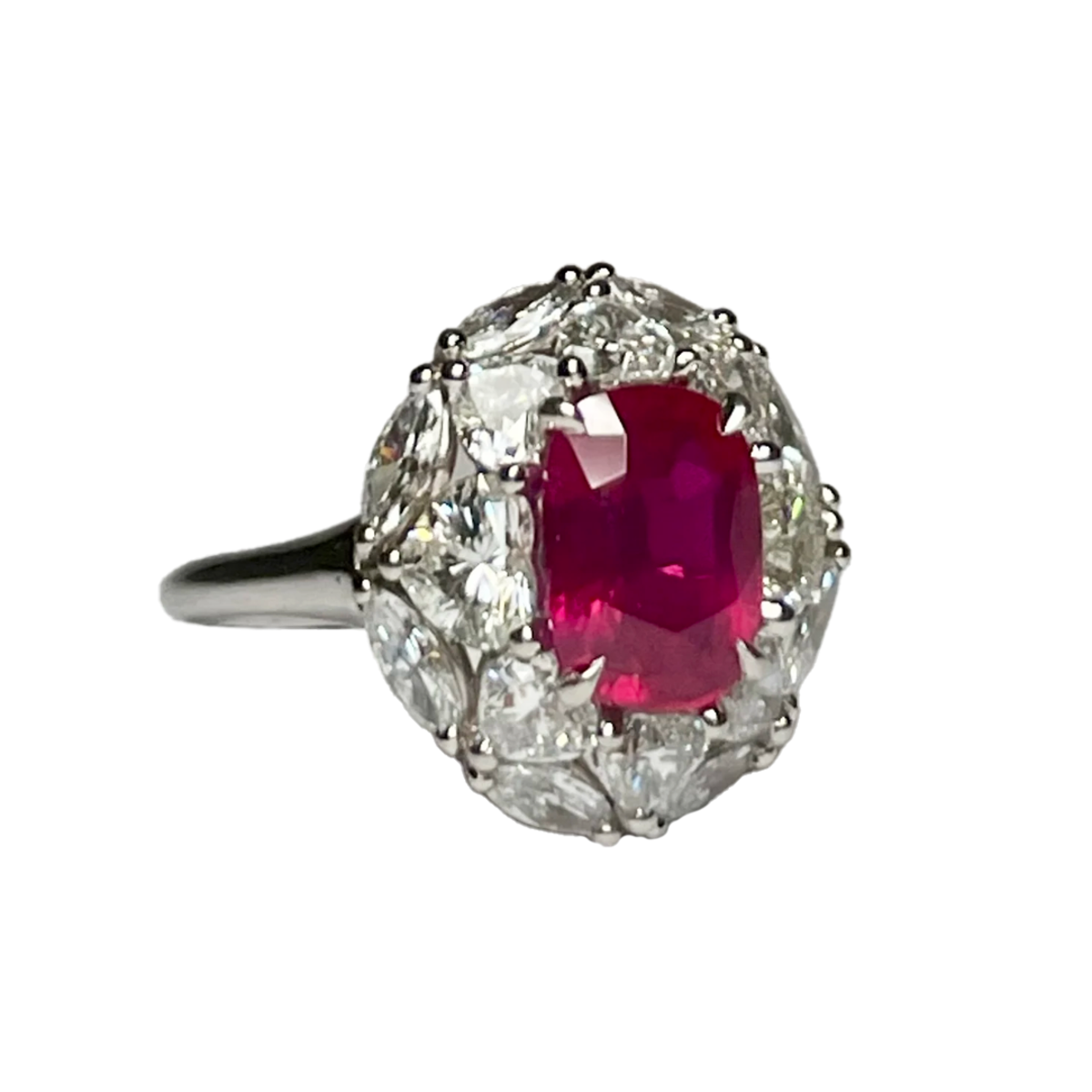 Post-1980s Platinum Ruby & Diamond Ring front and side
