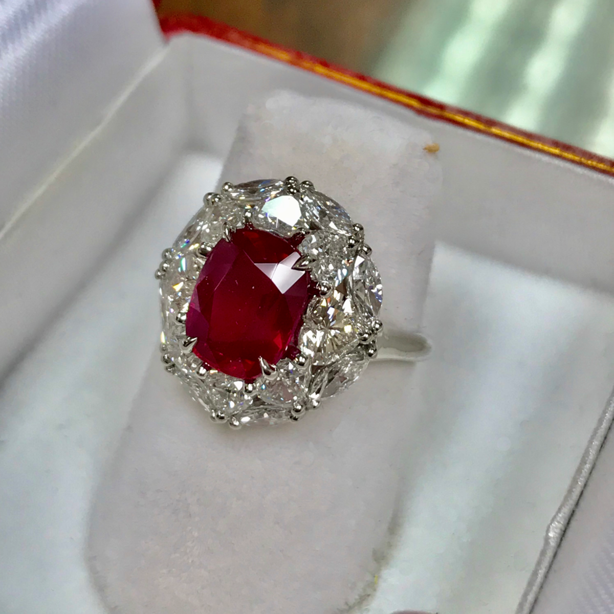 Post-1980s Platinum Ruby & Diamond Ring on form