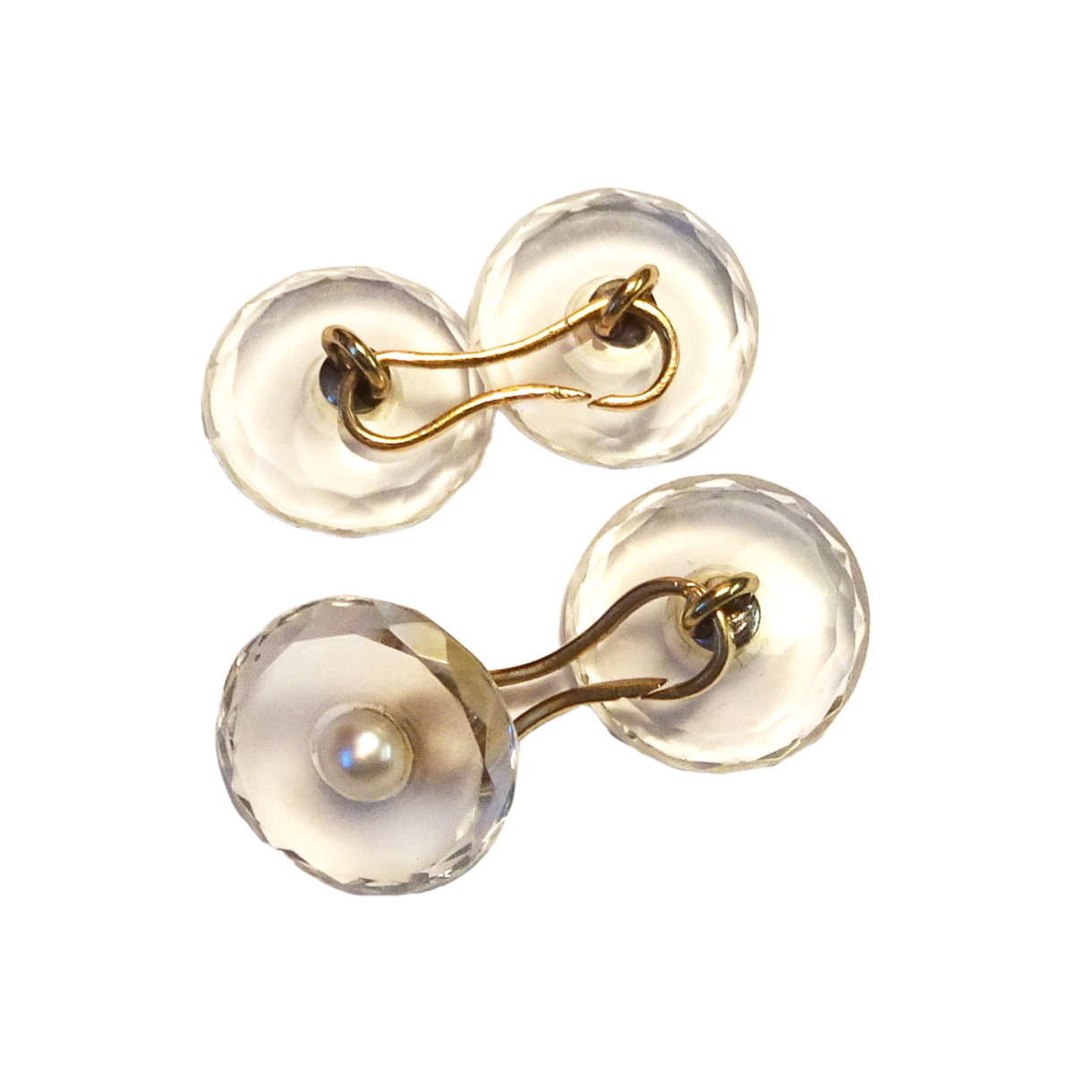 Art Deco 18KT Yellow Gold Rock Crystal & Natural Pearl Cufflinks front and back
