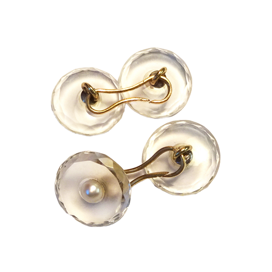 Art Deco 18KT Yellow Gold Rock Crystal & Natural Pearl Cufflinks front and back