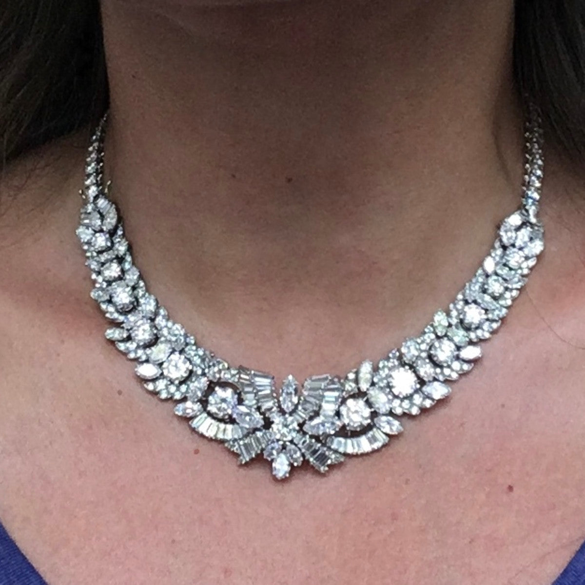 1950s Platinum Diamond Necklace worn on neck