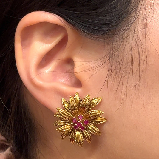 Cartier 1980s 18KT Yellow Gold Ruby Earrings worn on ear