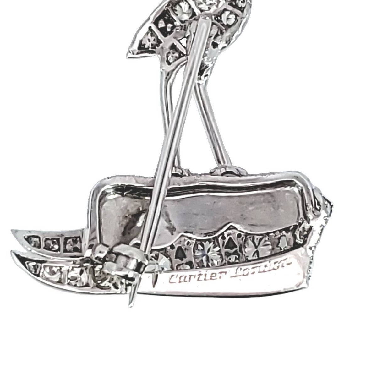 Cartier London 1980s Platinum Diamond Crane Brooch
 close-up of signature