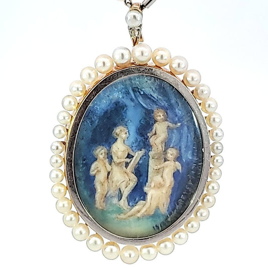 Edwardian Platinum & 18KT Yellow Gold Enamel, Natural Pearl & Porcelain Pendant/Brooch close-up details