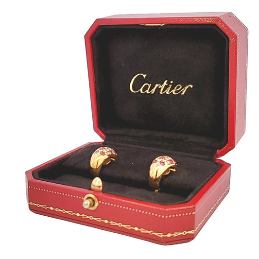 Cartier 1980s 18KT Yellow Gold Ruby & Diamond Earrings in Cartier box