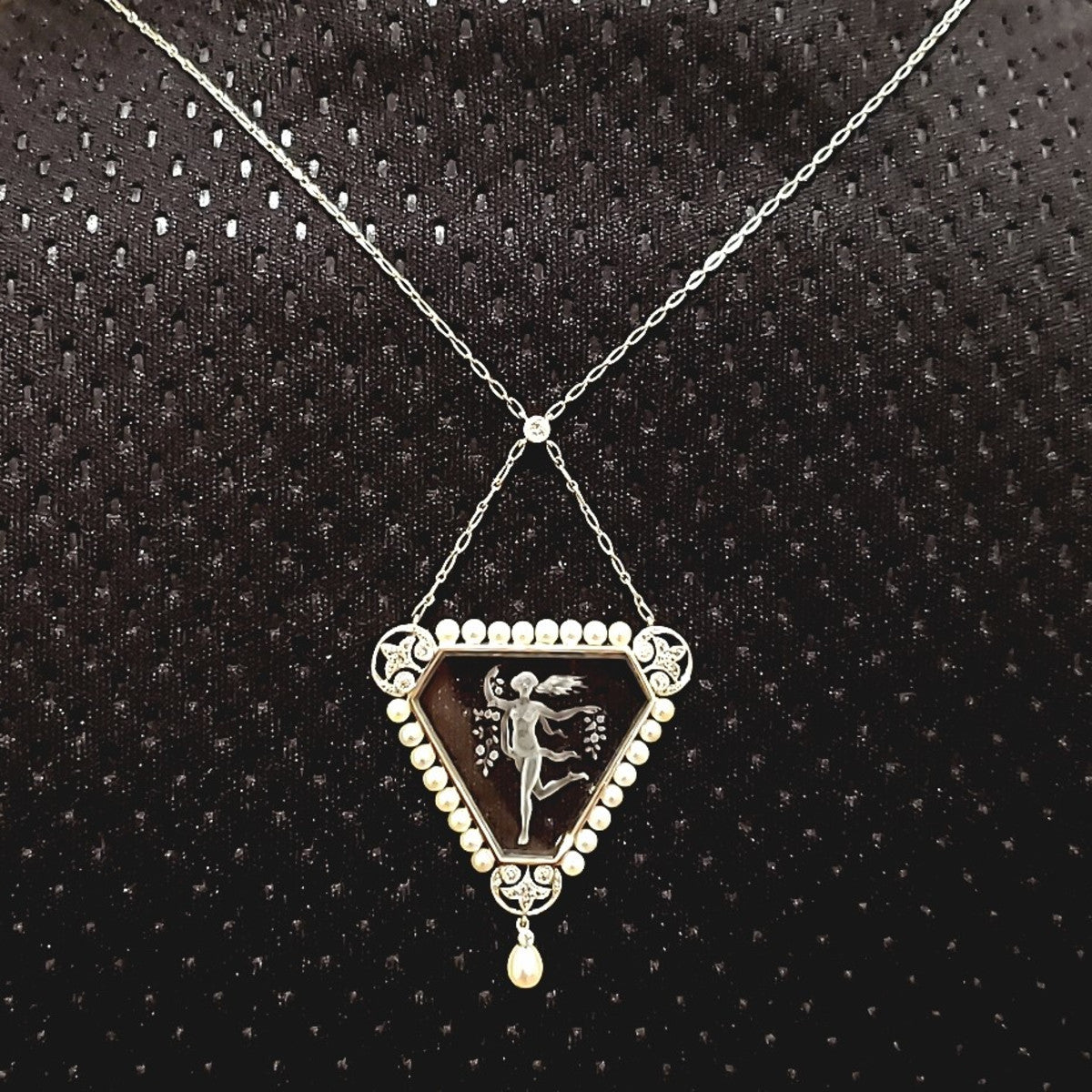 Edwardian Platinum Rock Crystal, Diamond & Pearl Pendant Necklace front
