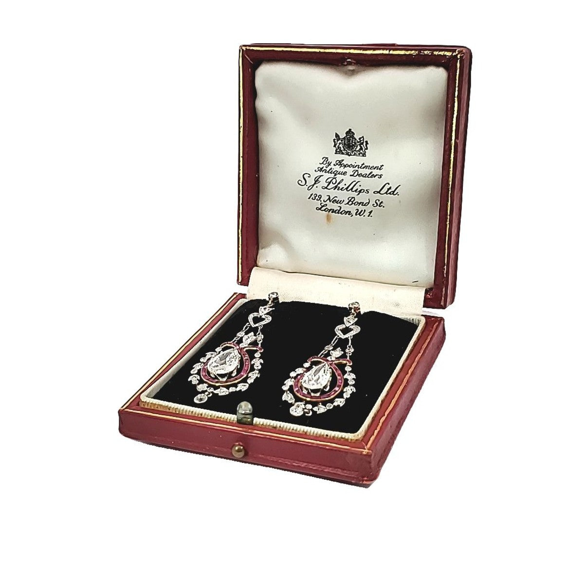 Edwardian Platinum Diamond & Ruby Earrings in jewelry box