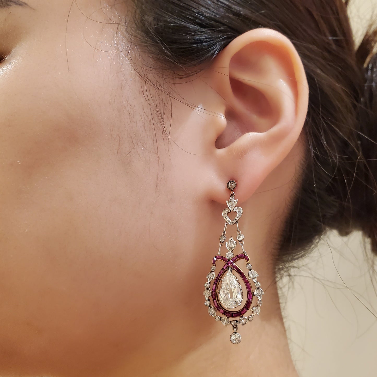 Edwardian Platinum Diamond & Ruby Earrings worn on ear