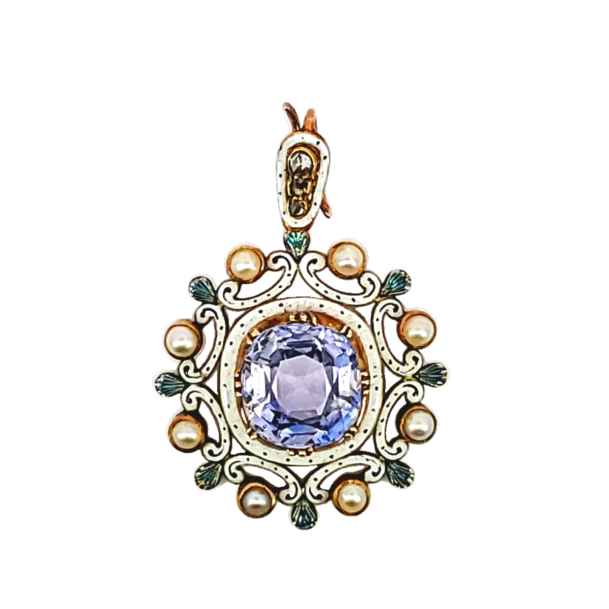 Antique 18KT Yellow Gold Sapphire & Natural Pearl Pendant front