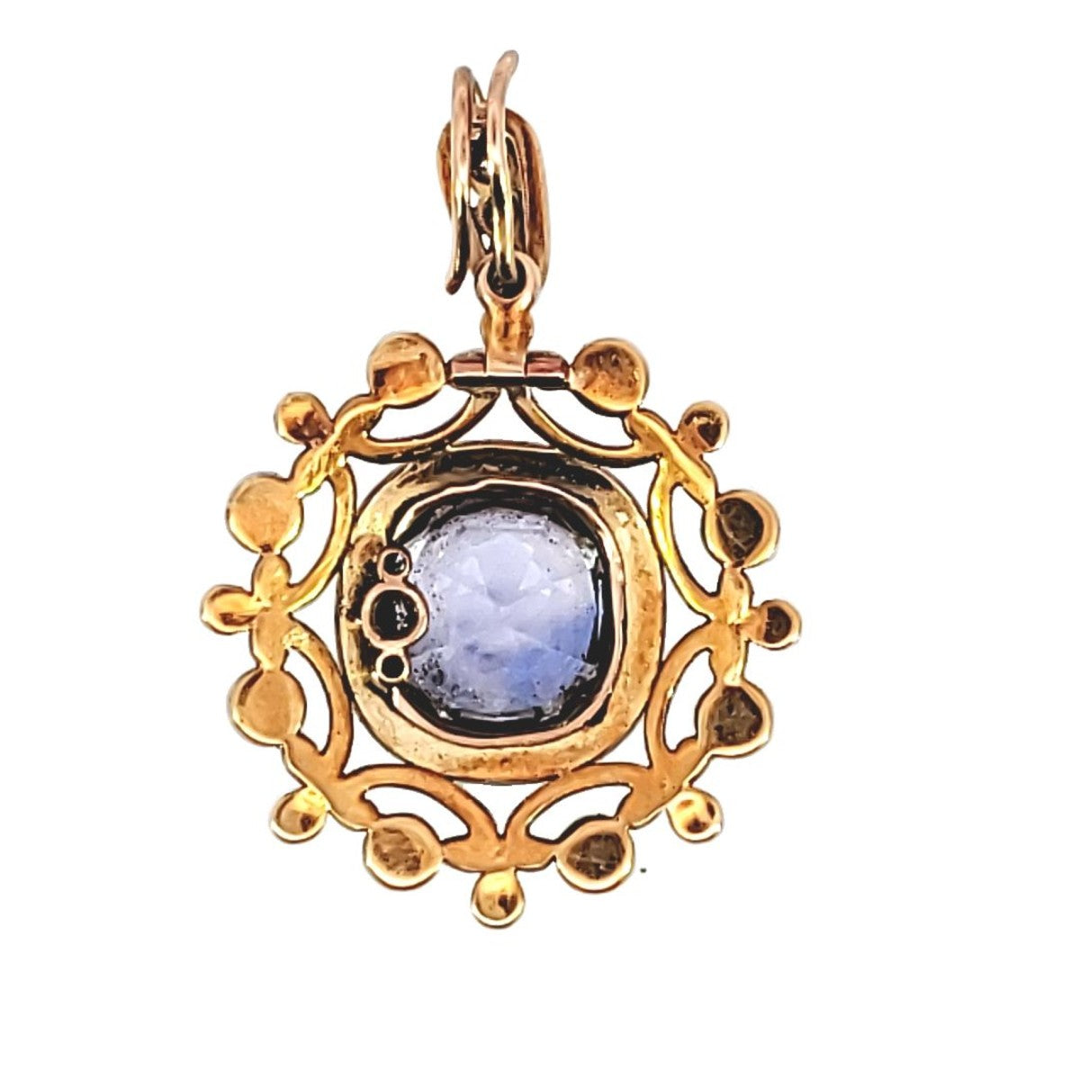 Antique 18KT Yellow Gold Sapphire & Natural Pearl Pendant back