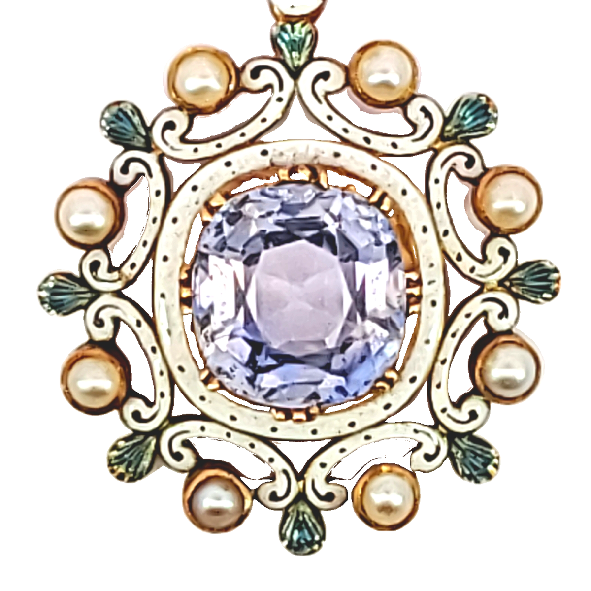 Antique 18KT Yellow Gold Sapphire & Natural Pearl Pendant close-up details