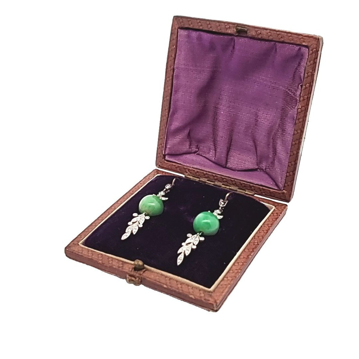 Antique 14KT White Gold Jade & Diamond Earrings in jewelry box