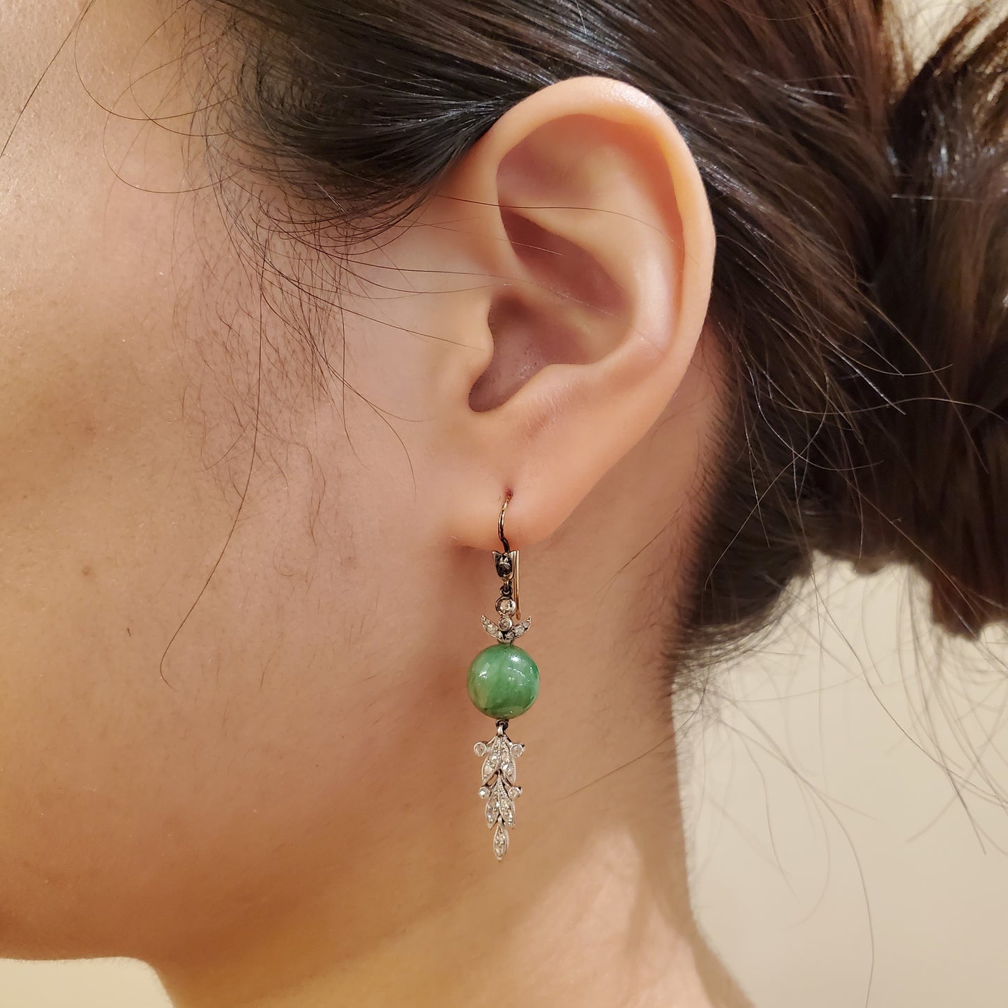 Antique 14KT White Gold Jade & Diamond Earrings worn on ear