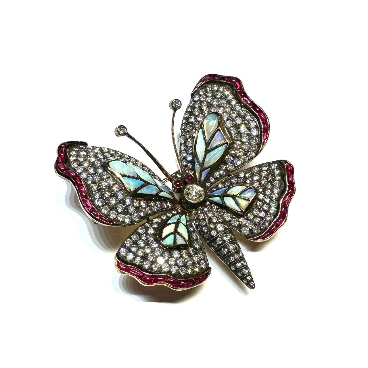 Post-1980s Silver & 18KT Yellow Gold Diamond, Opal & Ruby Butterfly Brooch front