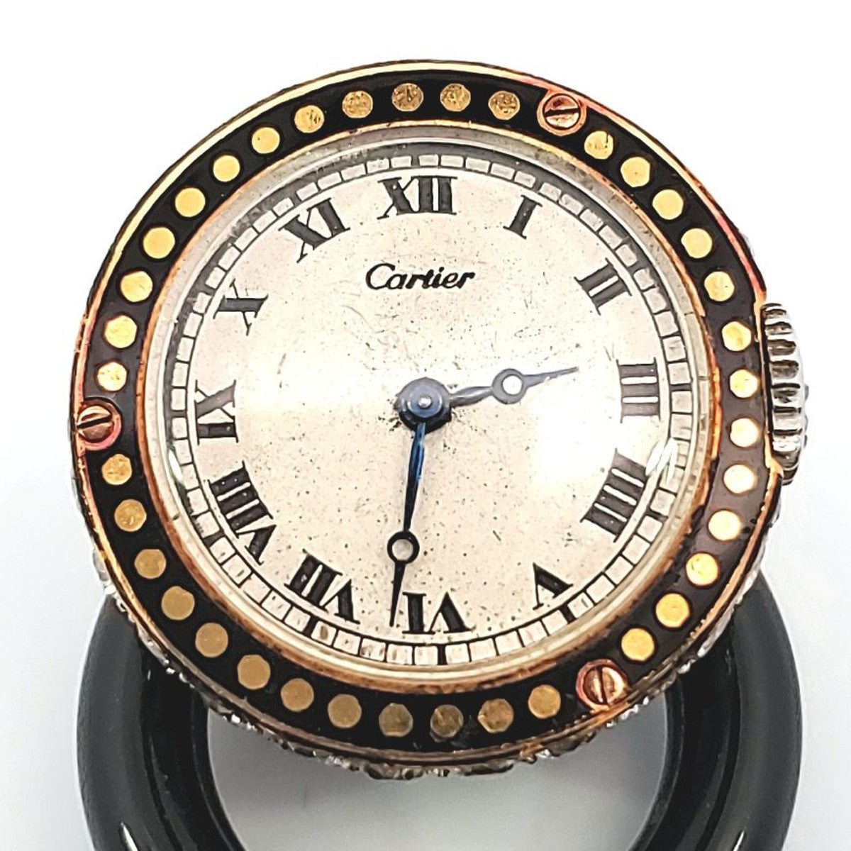 Cartier Paris Art Deco Platinum & 18KT Yellow Gold Diamond, Enamel & Onyx "Cachet" Watch Brooch close-up of watch face