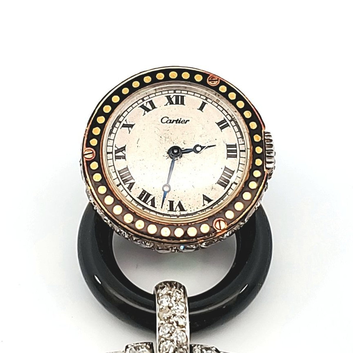 Cartier Paris Art Deco Platinum & 18KT Yellow Gold Diamond, Enamel & Onyx "Cachet" Watch Brooch watch face