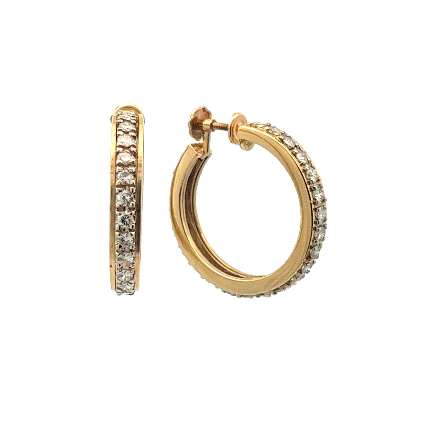 1970s 14KT Yellow Gold Diamond Hoop Earrings front and side view