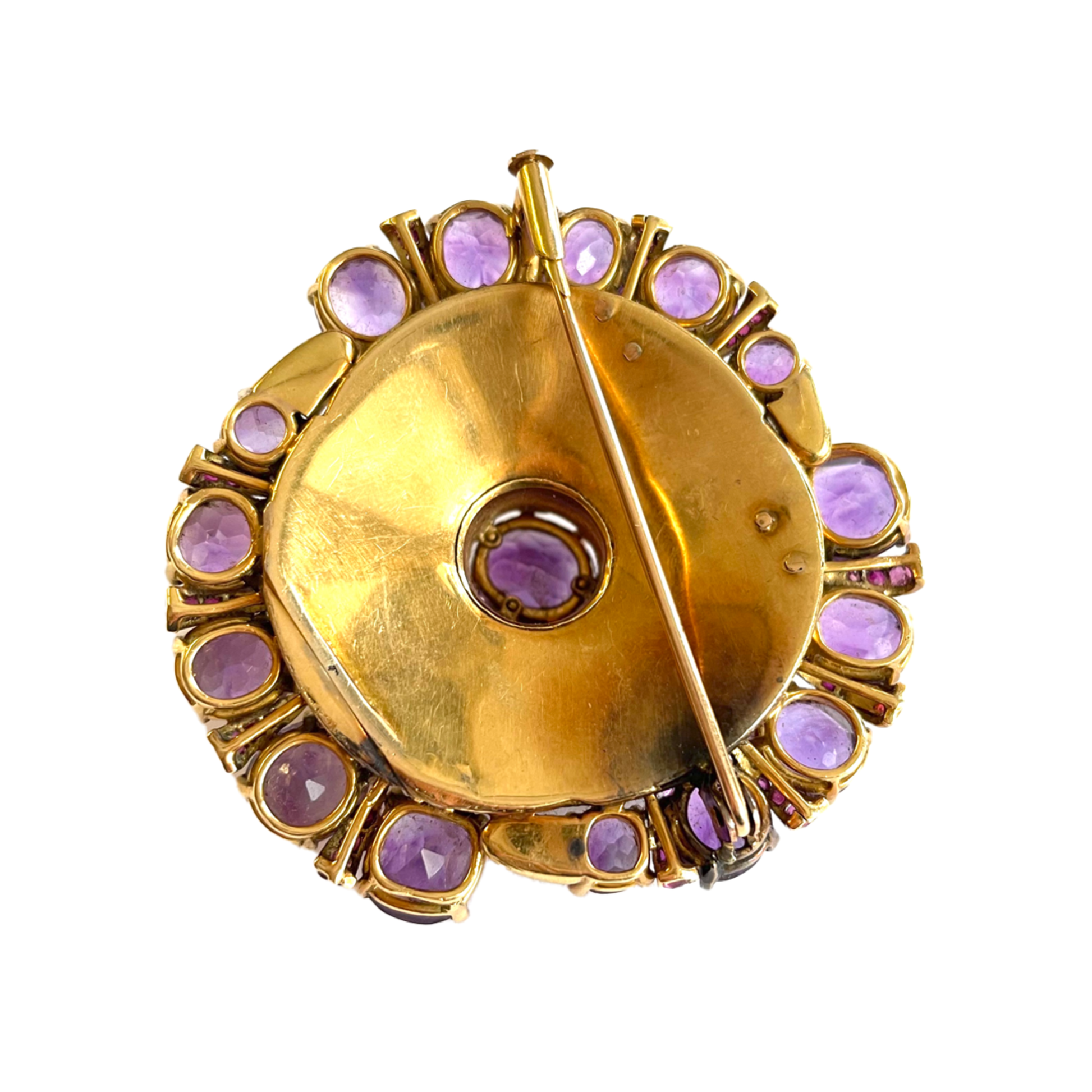 French 1940s 18KT Yellow Gold Amethyst, Diamond & Ruby Brooch back