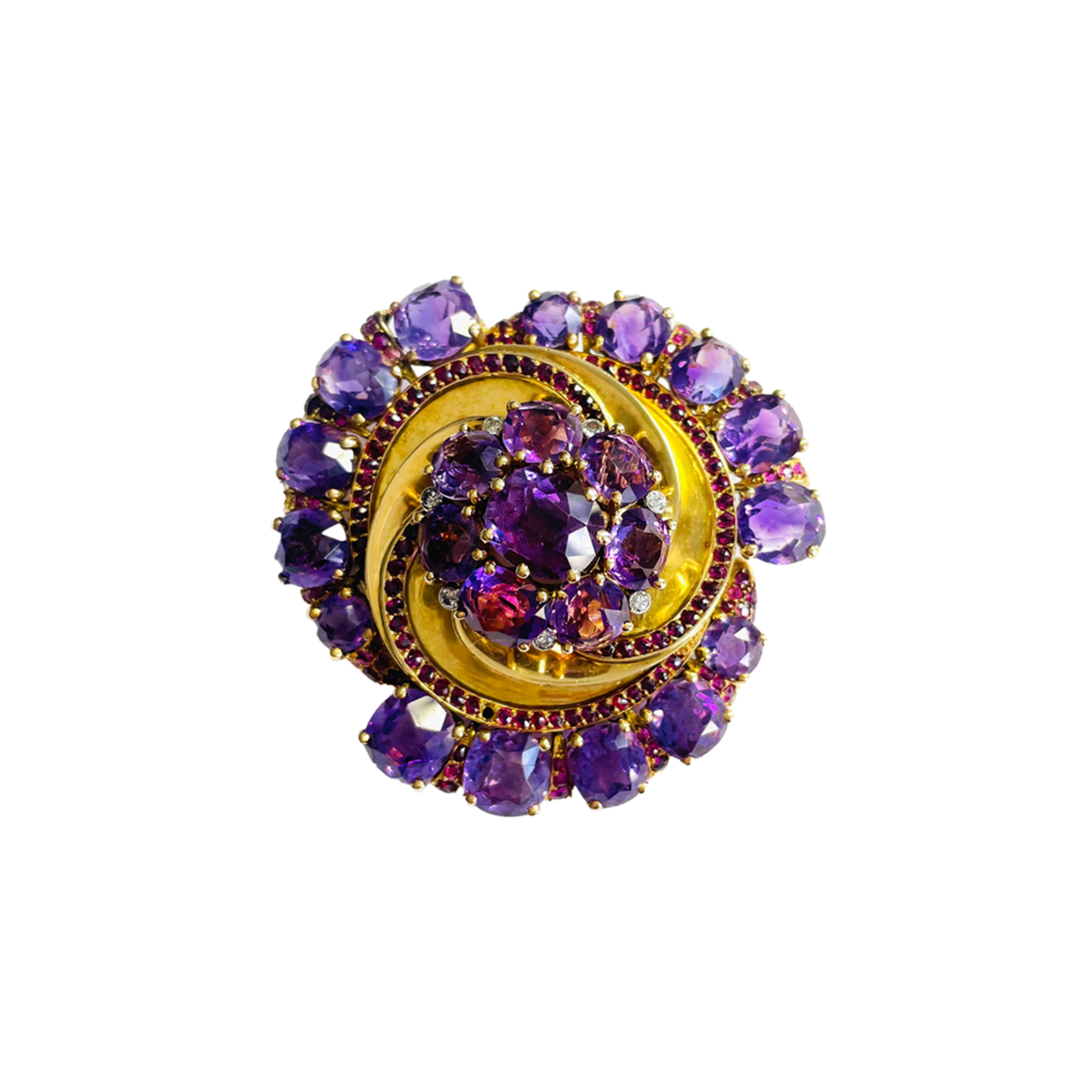 French 1940s 18KT Yellow Gold Amethyst, Diamond & Ruby Brooch front