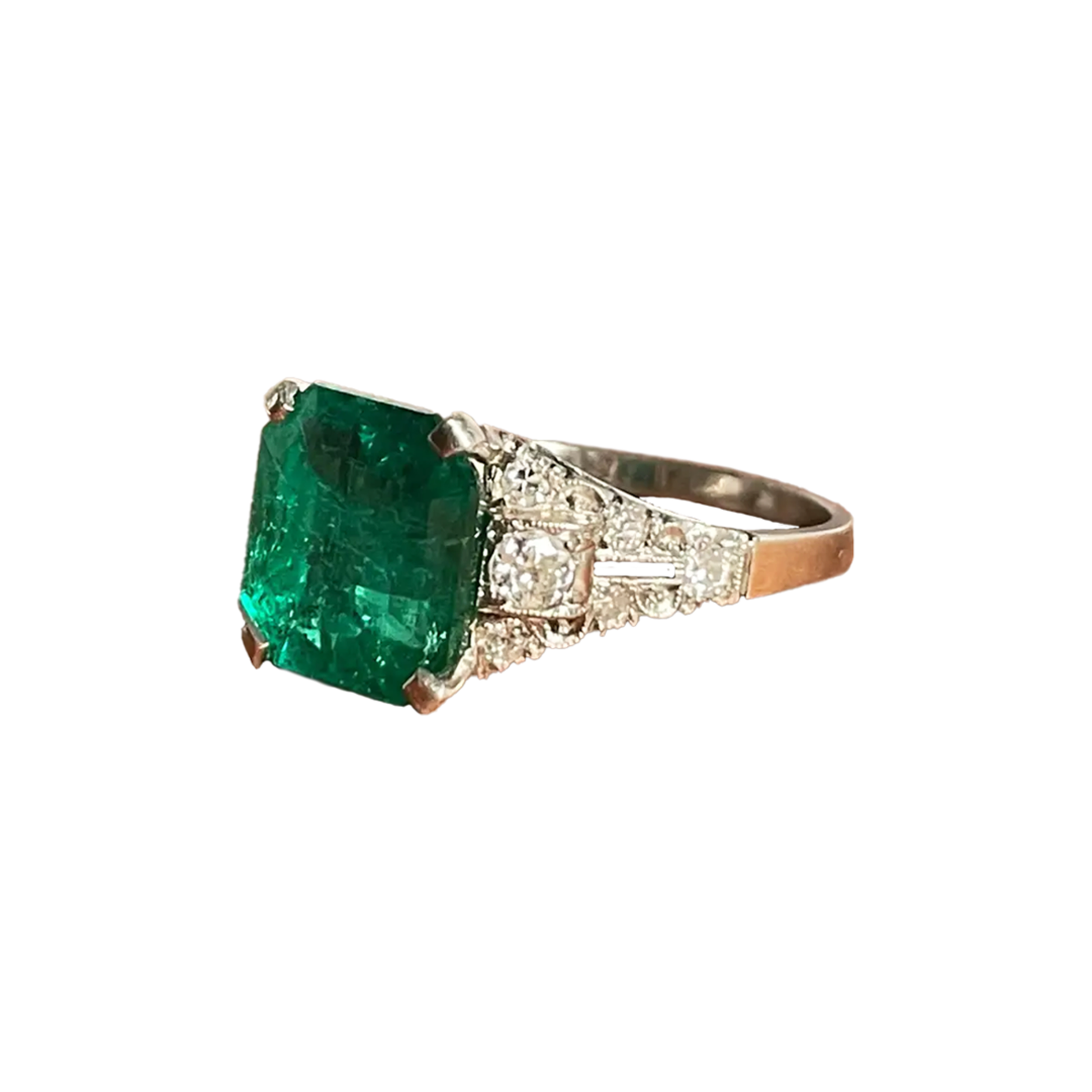 Art Deco Platinum Colombian Emerald Ring front side view