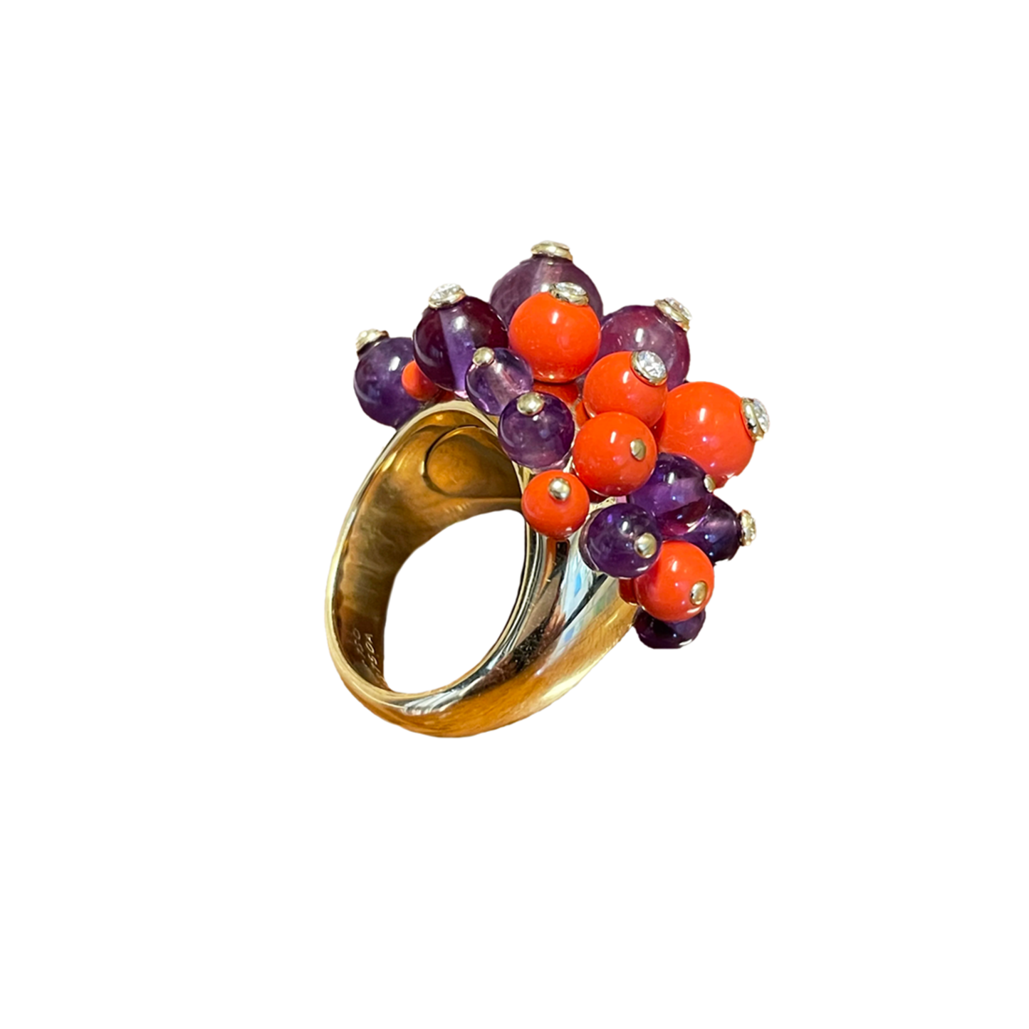 Cartier France 1970s 18KT Yellow Gold Coral, Amethyst & Diamond Pom-Pom Ring Side