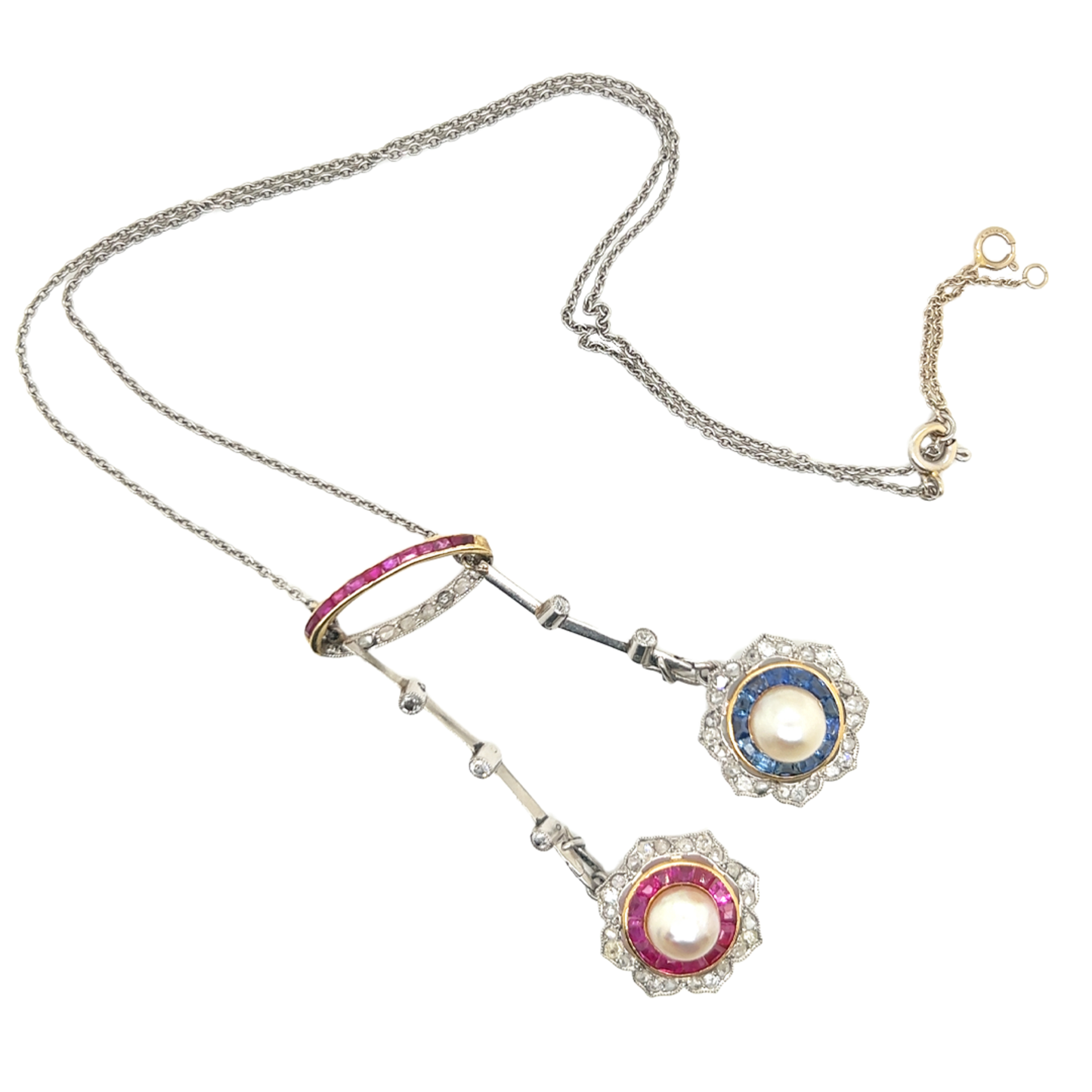 Edwardian Platinum & 18KT Yellow Gold Natural Pearl, Diamond, Ruby & Sapphire Necklace front