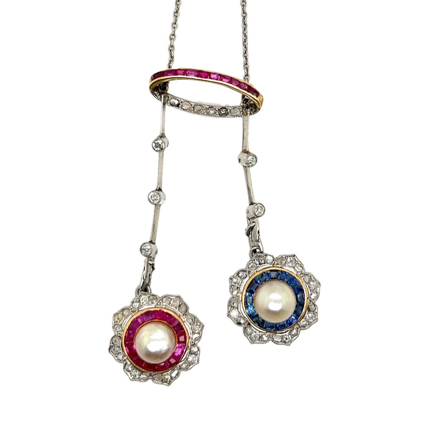 Edwardian Platinum & 18KT Yellow Gold Natural Pearl, Diamond, Ruby & Sapphire Necklace close-up of pendant