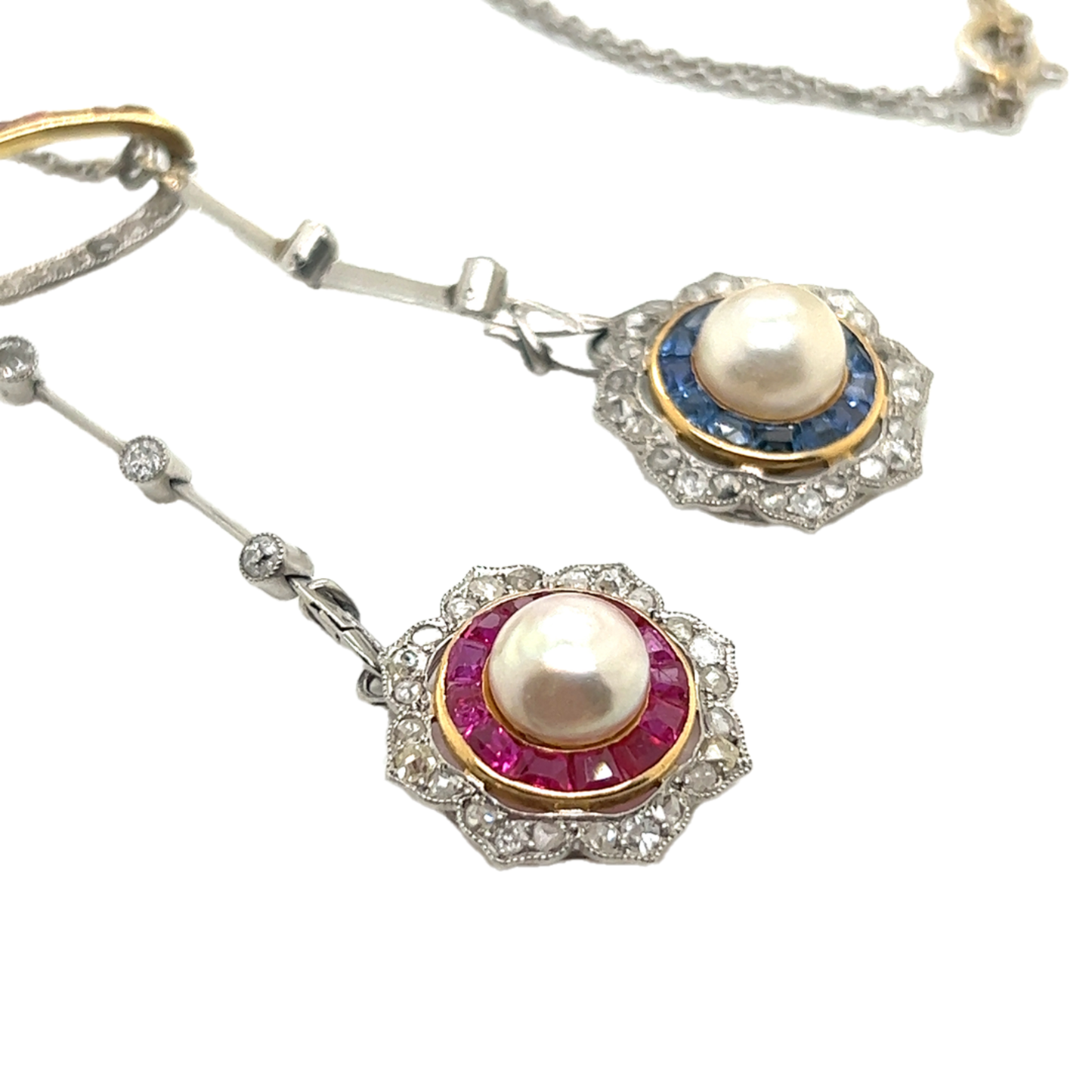 Edwardian Platinum & 18KT Yellow Gold Natural Pearl, Diamond, Ruby & Sapphire Necklace side of pendant