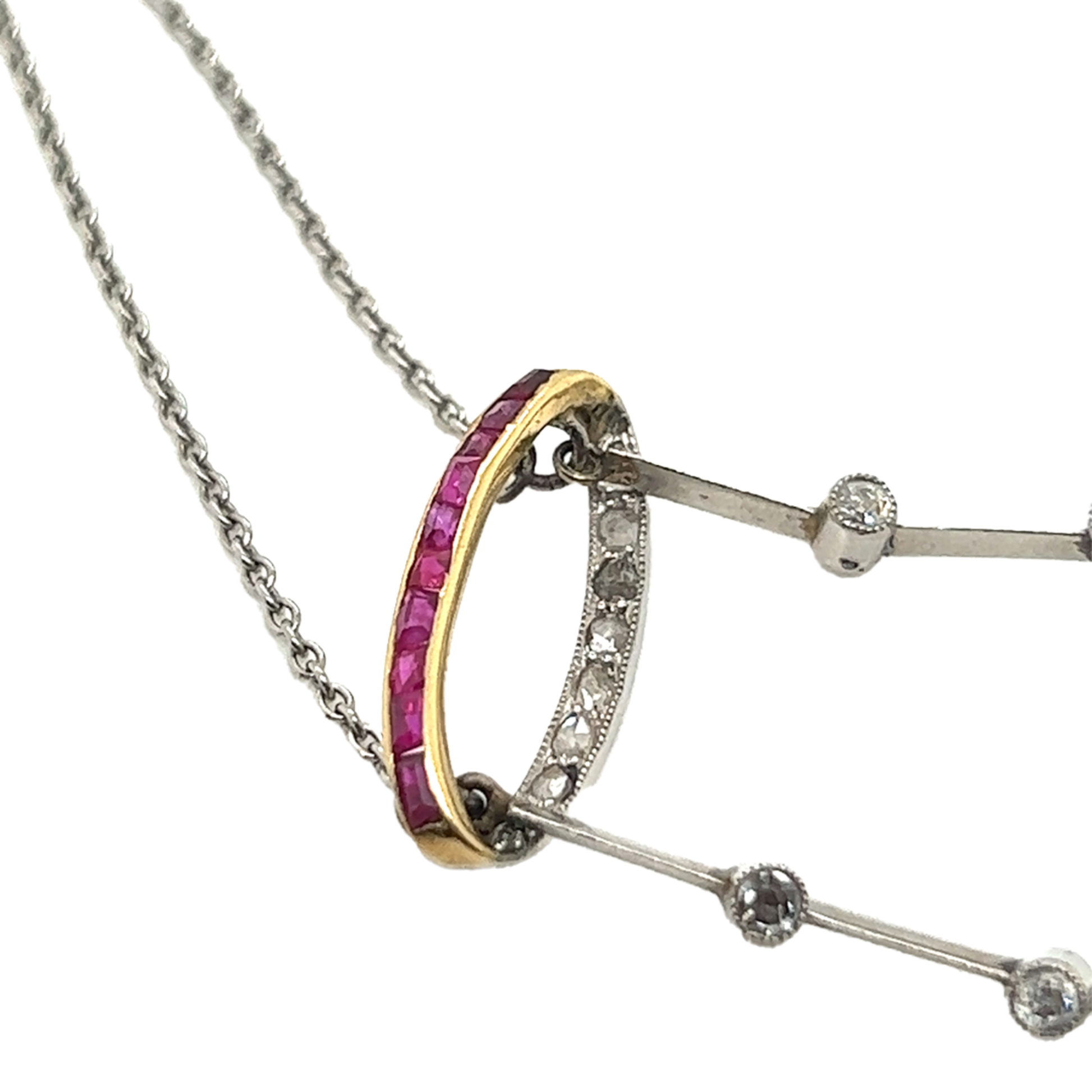 Edwardian Platinum & 18KT Yellow Gold Natural Pearl, Diamond, Ruby & Sapphire Necklace close-up of pendant