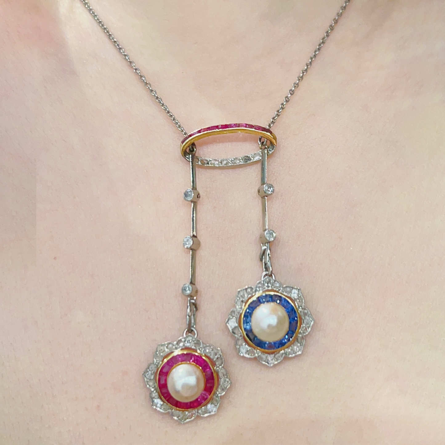 Edwardian Platinum & 18KT Yellow Gold Natural Pearl, Diamond, Ruby & Sapphire Necklace worn on neck