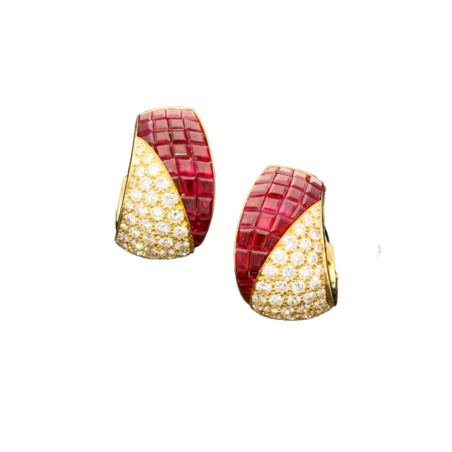 Van Cleef & Arpels 1980s 18KT Yellow Gold Ruby & Diamond Earrings front view