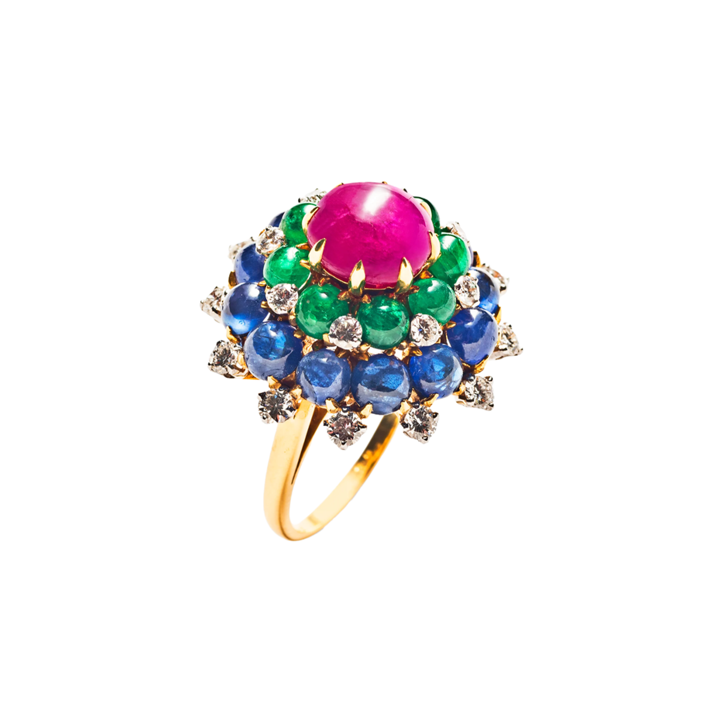 Bulgari 1960s 18KT Yellow Gold Ruby, Diamond, Emerald & Sapphire Ring front top view