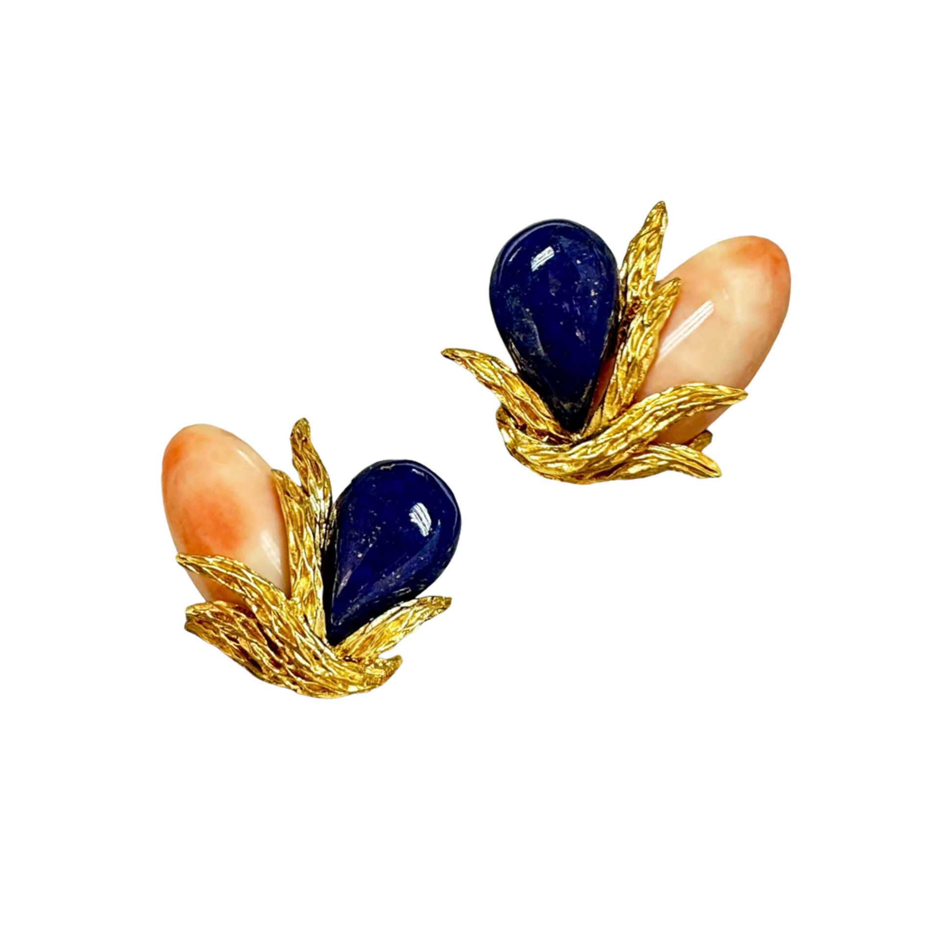 1970s 18KT Yellow Gold Angel Skin Coral & Lapis Lazuli Earrings front view