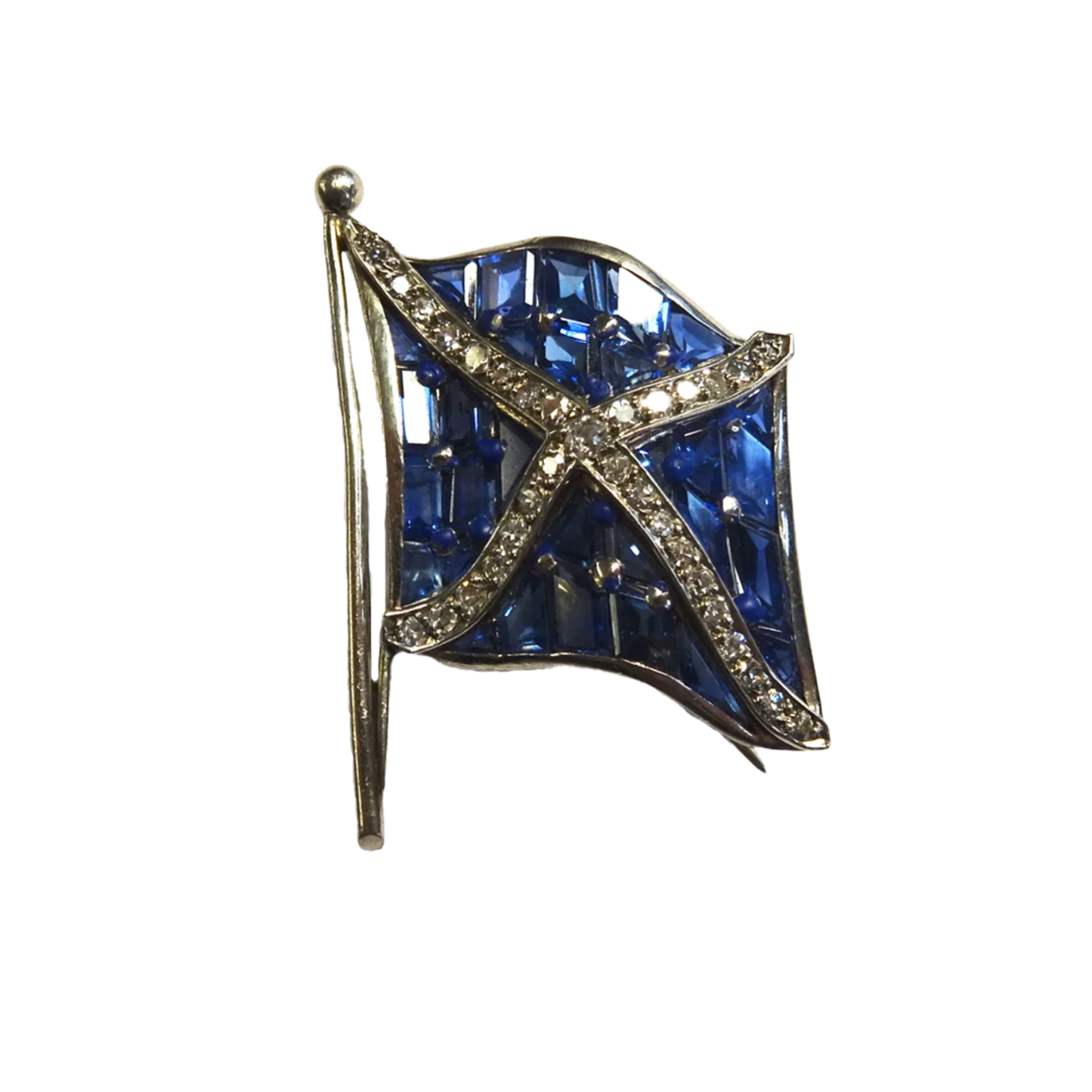 Art Deco Platinum Sapphire & Diamond Flag of Scotland Brooch front