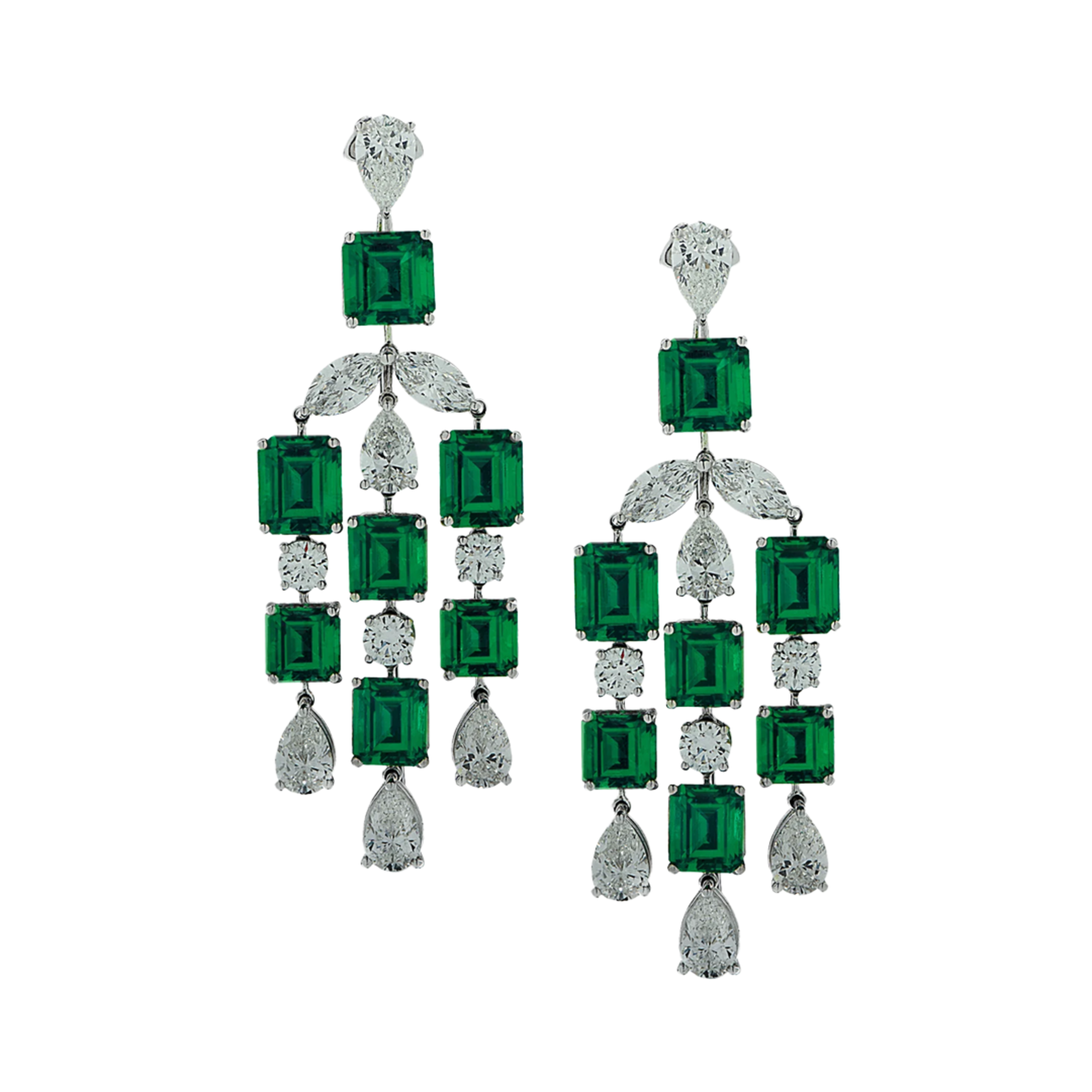 Post-1980s Platinum Emerald & Diamond Dangle Earrings front view