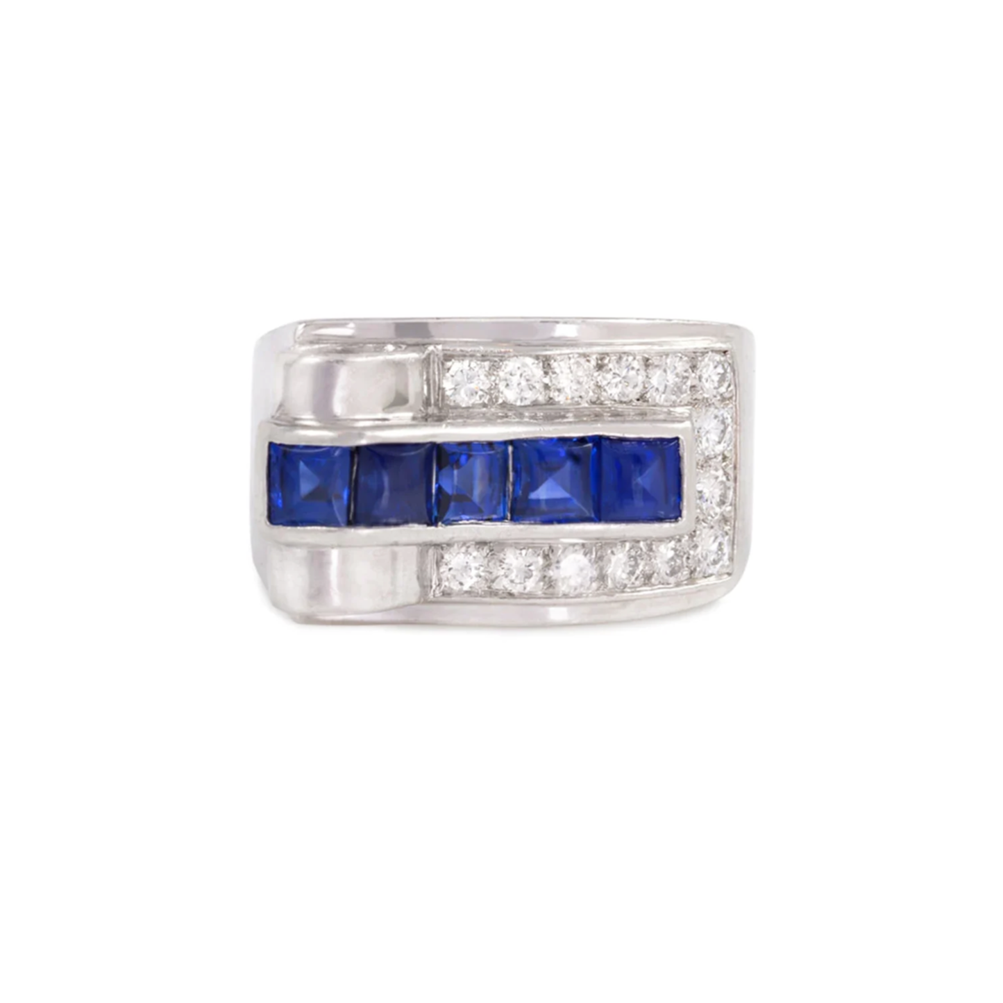 Cartier Art Deco Platinum Diamond & Sapphire Ring front view