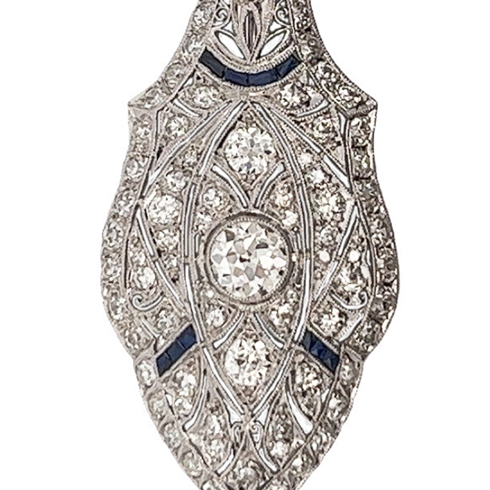 Antique Platinum Diamond & Sapphire Brooch/Pendant close-up details