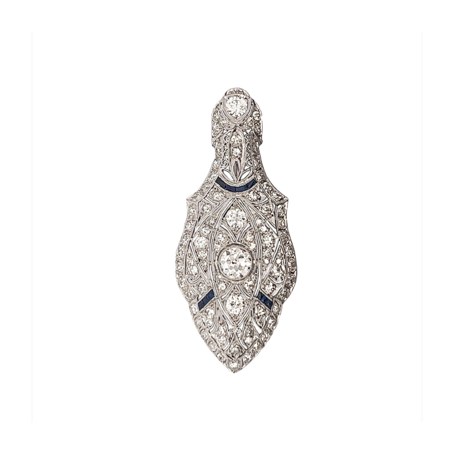 Antique Platinum Diamond & Sapphire Brooch/Pendant front