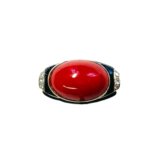 Art Deco Platinum & 18KT Yellow Gold Coral, Diamond & Enamel Ring front