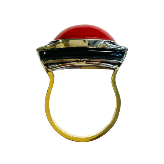 Art Deco Platinum & 18KT Yellow Gold Coral, Diamond & Enamel Ring profile