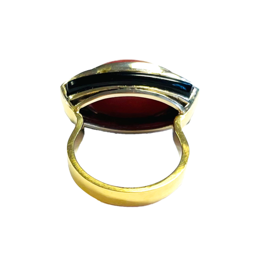 Art Deco Platinum & 18KT Yellow Gold Coral, Diamond & Enamel Ring back