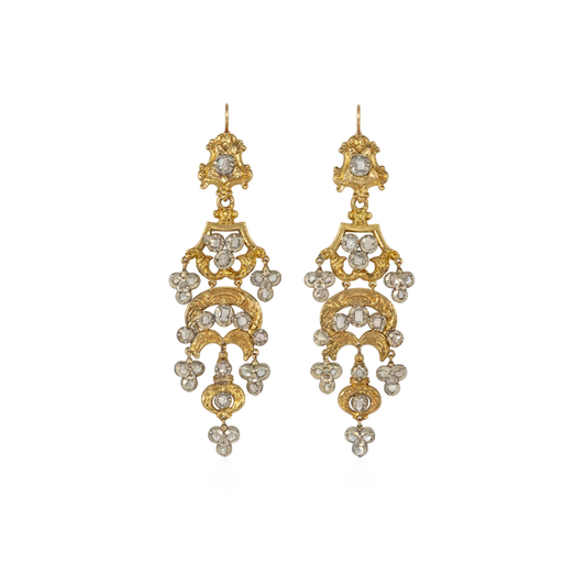 Victorian Silver & 14KT Yellow Gold Diamond Chandelier Earrings front