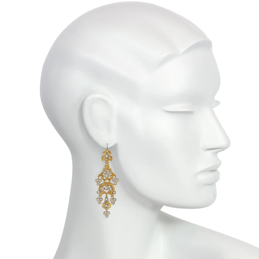 Victorian Silver & 14KT Yellow Gold Diamond Chandelier Earrings worn on ear